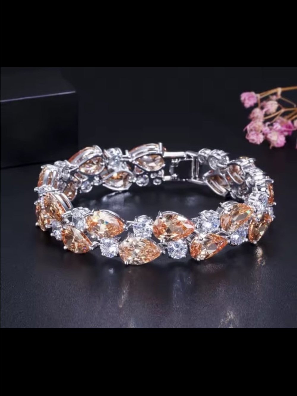 Clear and Amber tear drop crystals AAA zirconia rhodium plated bracelet